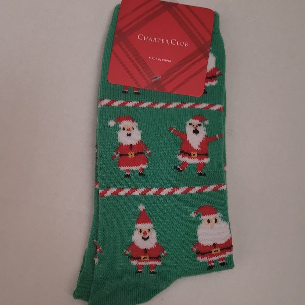 Charter Club Socks Mr. and Mrs. Claus One Size shoe size 9-11 Green New